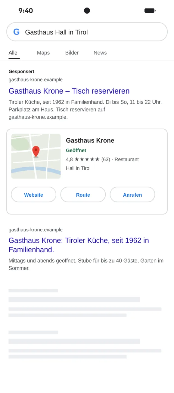 Suche bei Google nach Gasthaus Krone mit Anzeige, Eintrag bei Google und Website
